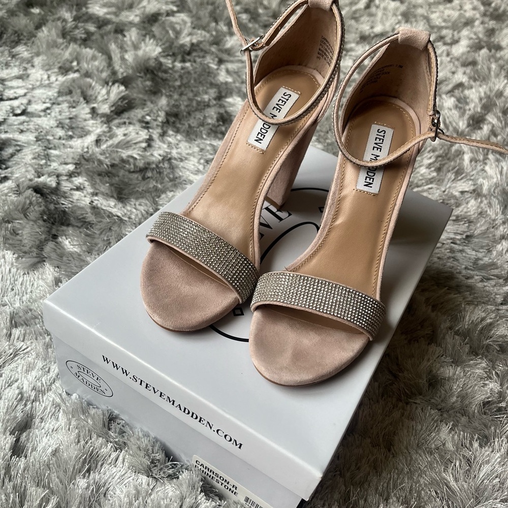 Steve Madden Carrson Rhinestone Leather Suede Ankle Strap Block Heel Size 7.5